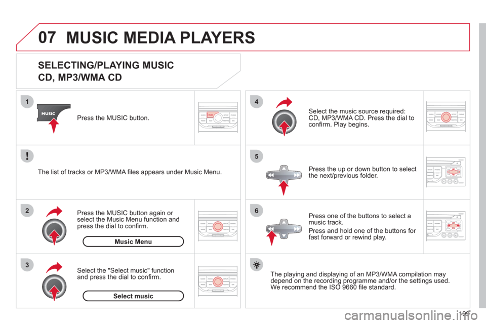 Citroen C3 2012 2.G Owners Manual 199
07
3 2 1
6
4
5
   
 
 
 
 
 
 
 
 
 
 
 
SELECTING/PLAYING MUSIC  
CD, MP3/WMA CD 
The playing and displaying of an MP3/WMA compilation may
depend on the recording programme and/or the settings us