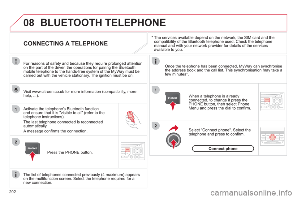 Citroen C3 2012 2.G Owners Manual 202
08
1
2
2
1
   *   
 
The services available depend on the network, the SIM card and the compatibility of the Bluetooth telephone used. Check the telephone manual and with your network provider for