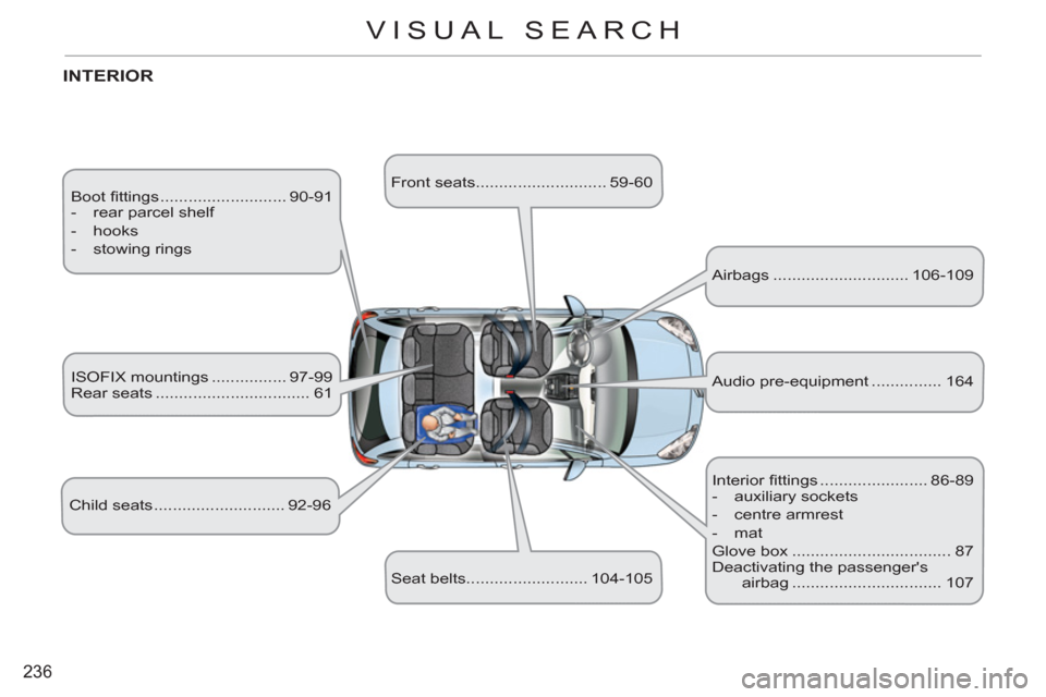 Citroen C3 2012 2.G Owners Manual 236
VISUAL SEARCH
Boot fi ttings ........................... 90-91
- rear parcel shelf
- hooks
- stowing rings
INTERIOR
Child seats ............................ 92-96 IS Citroen C3 2012 2.G Owners Manual 236
VISUAL SEARCH
Boot fi ttings ........................... 90-91
- rear parcel shelf
- hooks
- stowing rings
INTERIOR
Child seats ............................ 92-96 IS