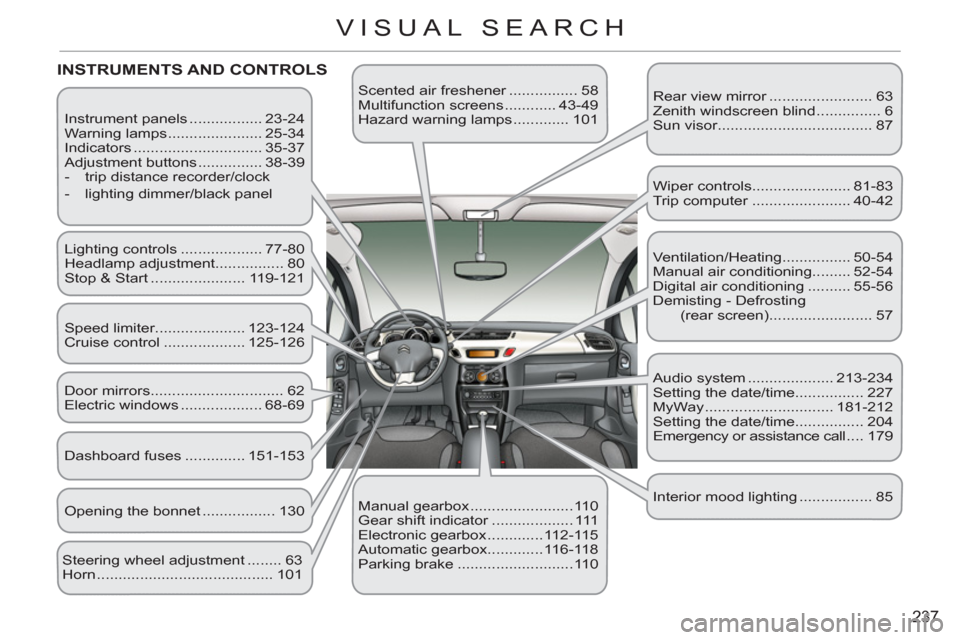 Citroen C3 2012 2.G Owners Manual 237
VISUAL SEARCH
  Instrument panels ................. 23-24 
  Warning lamps ...................... 25-34 
  Indicators .............................. 35-37 
  Adjustment buttons ............... 38-