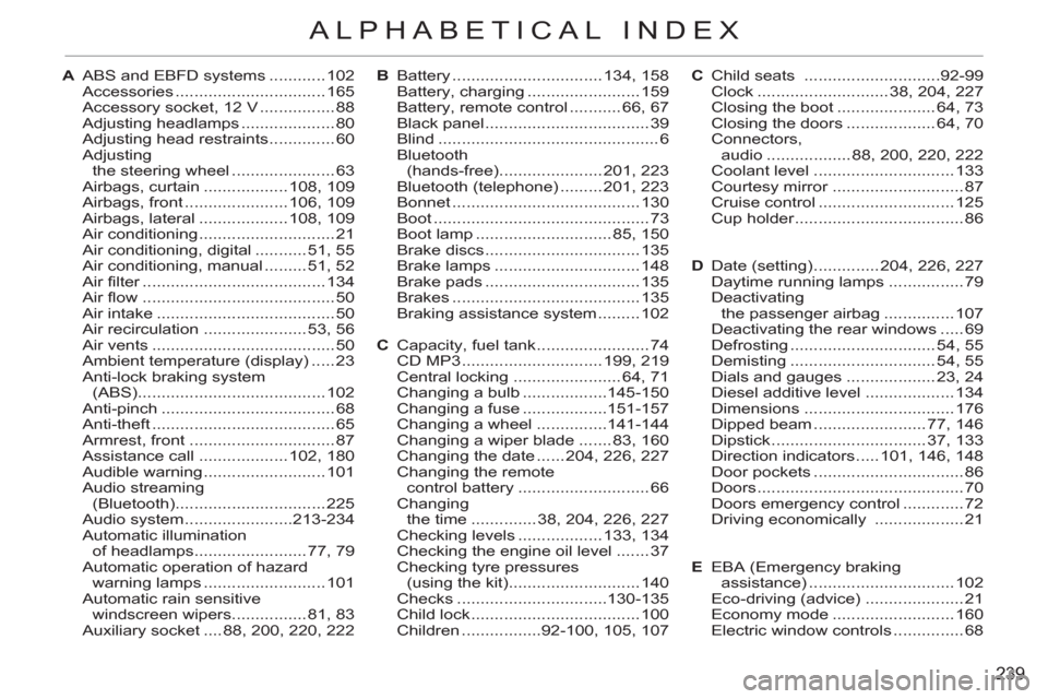 Citroen C3 2012 2.G Owners Guide 239
ALPHABETICAL INDEX
A  ABS and EBFD systems ............ 102
 Accessories ................................ 165
  Accessory socket, 12 V ................ 88
 Adjusting headlamps ....................