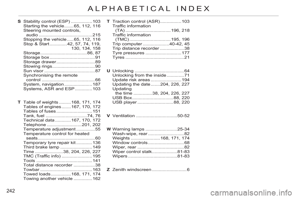 Citroen C3 2012 2.G Owners Manual 242
ALPHABETICAL INDEX
S  Stability control (ESP) ................ 103
 Starting the vehicle ....... 65, 112, 116
  Steering mounted controls, 
audio ........................................ 215
  Sto