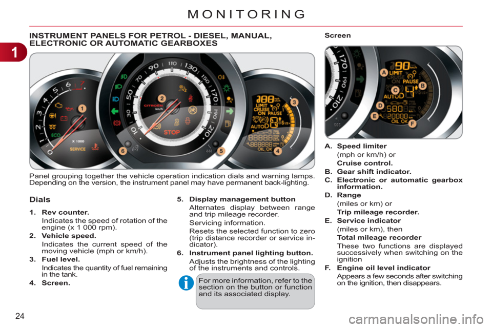 Citroen C3 2012 2.G Owners Guide 1
24
MONITORING
INSTRUMENT PANELS FOR PETROL - DIESEL, MANUAL, ELECTRONIC OR AUTOMATIC GEARBOXES 
  Panel grouping together the vehicle operation indication dials and warning lamps. 
Depending on the 
