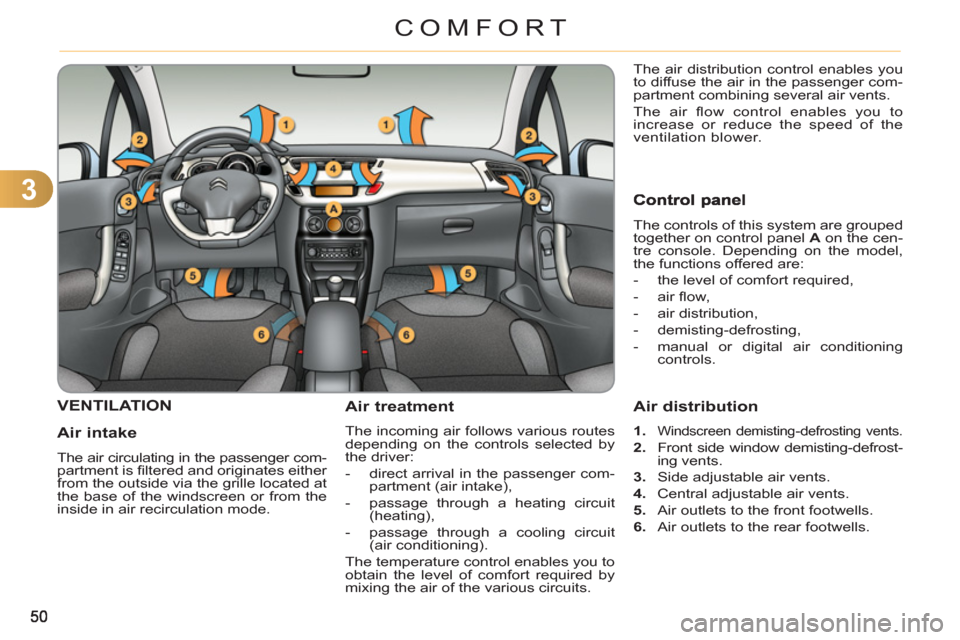 Citroen C3 2012 2.G Owners Manual 3
COMFORT
VENTILATION 
   
Air intake 
 
The air circulating in the passenger com-
partment is ﬁ ltered and originates either 
from the outside via the grille located at 
the base of the windscreen 