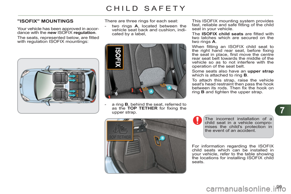 Citroen C3 RHD 2012 2.G Owners Manual 7
99
CHILD SAFETY
"ISOFIX" MOUNTINGS
  Your vehicle has been approved in accor-
dance with the  new  
ISOFIX  regulation 
. 
  The seats, represented below, are ﬁ tted 
with regulation ISOFIX mounti