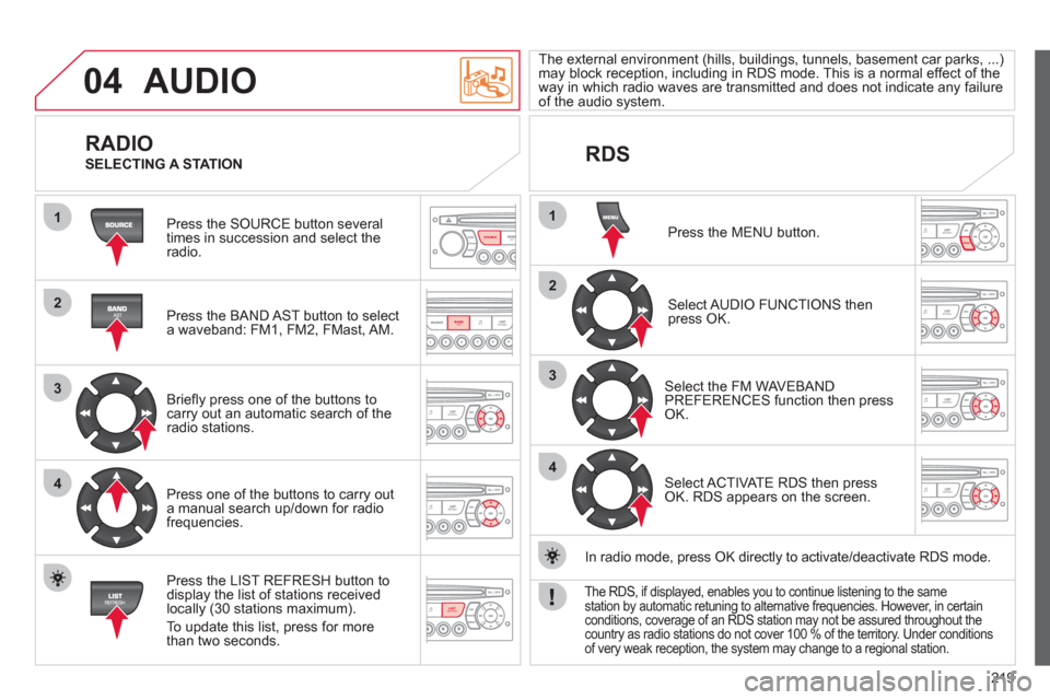 Citroen C3 RHD 2012 2.G Owners Manual 219
04
1
2
3
4
1
2
3
4
SOURCE
BANDAST
LISTREFRESH
MENU
AUDIO
Press the SOURCE button several
times in succession and select theradio.
Press the BAND A
ST button to select
a waveband: FM1, Citroen C3 RHD 2012 2.G Owners Manual 219
04
1
2
3
4
1
2
3
4
SOURCE
BANDAST
LISTREFRESH
MENU
AUDIO
Press the SOURCE button several
times in succession and select theradio.
Press the BAND A
ST button to select
a waveband: FM1,