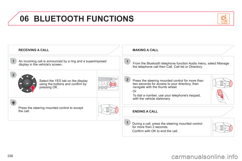 Citroen C3 RHD 2012 2.G Owners Manual 226
06
1
2
1
2
1
OK
RECEIVING A CALL
An incomin
g call is announced by a ring and a superimposed
display in the vehicles screen.
Select the YES tab on the display
using the buttons Citroen C3 RHD 2012 2.G Owners Manual 226
06
1
2
1
2
1
OK
RECEIVING A CALL
An incomin
g call is announced by a ring and a superimposed
display in the vehicles screen.
Select the YES tab on the display
using the buttons