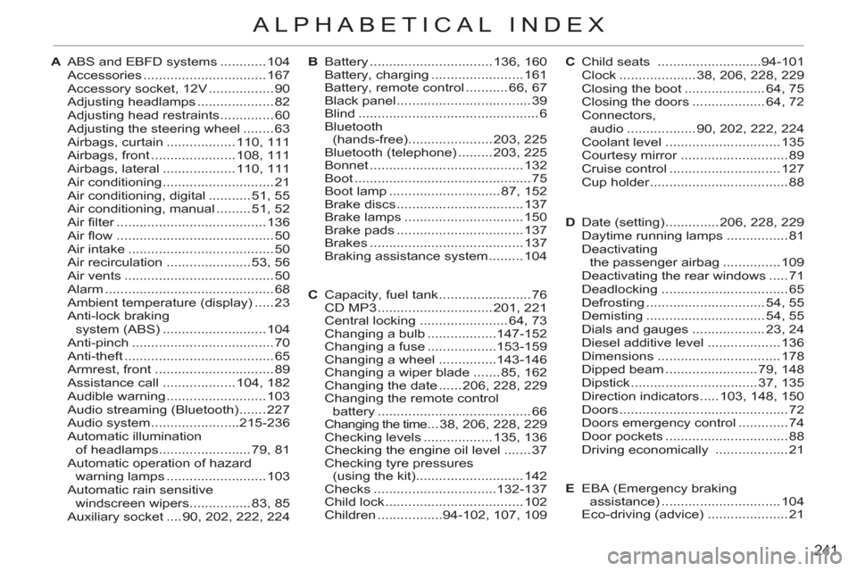 Citroen C3 RHD 2012 2.G Owners Manual 241
ALPHABETICAL INDEX
A ABS and EBFD systems ............ 104
Accessories ................................ 167
Accessory socket, 12V ................. 90
Adjusting headlamps .................... Citroen C3 RHD 2012 2.G Owners Manual 241
ALPHABETICAL INDEX
A ABS and EBFD systems ............ 104
Accessories ................................ 167
Accessory socket, 12V ................. 90
Adjusting headlamps ....................
