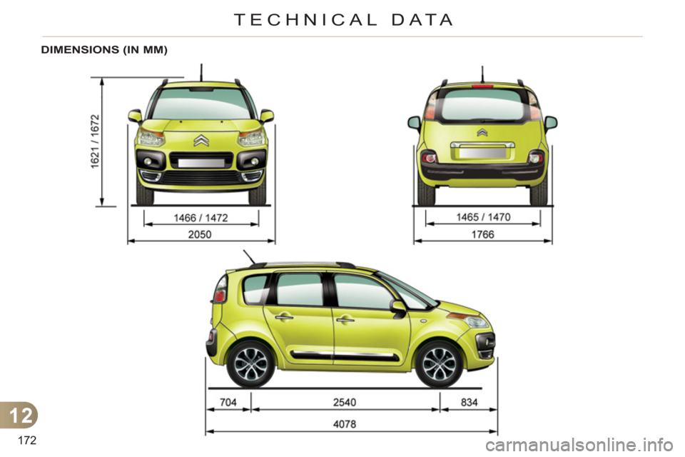 Citroen C3 PICASSO 2012 1.G Owners Manual 12
172
TECHNICAL DATA
DIMENSIONS (IN MM) Citroen C3 PICASSO 2012 1.G Owners Manual 12
172
TECHNICAL DATA
DIMENSIONS (IN MM)