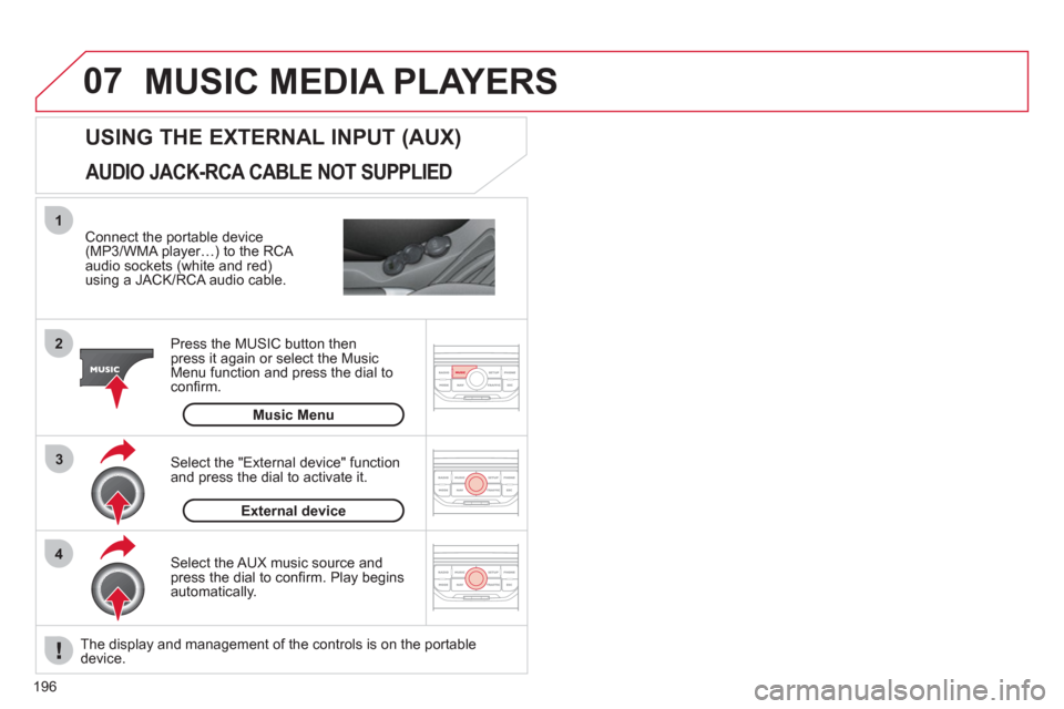 Citroen C3 PICASSO 2012 1.G Owners Manual 196
07
43 1
2
  MUSIC MEDIA PLAYERS
 
 
Connect the portable device(MP3/WMA player…) to the RCA 
audio sockets (white and red)using a JACK/RCA audio cable.
Press the M
USIC button then 
press it aga