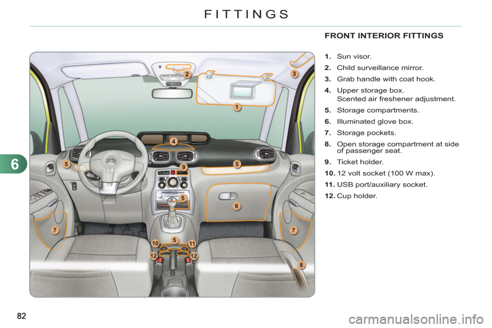 Citroen C3 PICASSO 2012 1.G Owners Manual 6
FITTINGS
FRONT INTERIOR FITTINGS
   
 
 
1. 
 Sun visor. 
   
2. 
  Child surveillance mirror. 
   
3. 
  Grab handle with coat hook. 
   
4. 
  Upper storage box.  
  Scented air freshener adjustme