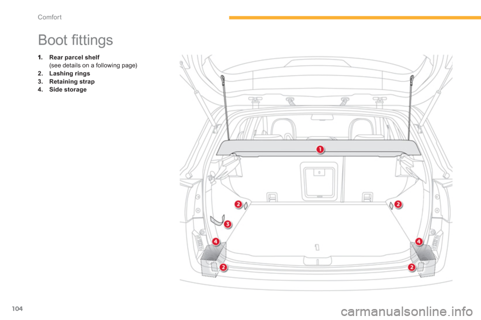 Citroen C4 AIRCROSS 2012 1.G User Guide 104
Comfort
   
 
 
 
 
 
 
 
 
 
 
 
 
 
Boot ﬁ ttings 
Rear parcel shelf(see details on a following page)2.Lashing rings
3.Retaining strap4.Side storage 