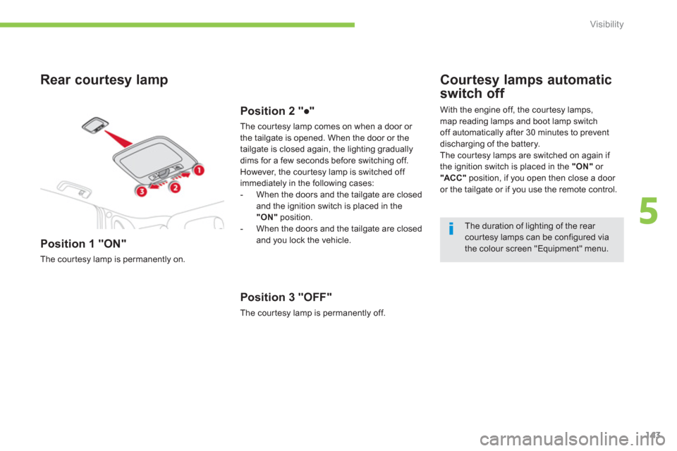 Citroen C4 AIRCROSS 2012 1.G User Guide 143
5
Visibility
   
Rear courtesy lamp
 
 
Position 1 "ON"
 
The cour tesy lamp is permanently on.
Position 2 "●"
The cour tesy lamp comes on when a door or 
the tailgate is opened. When the door o