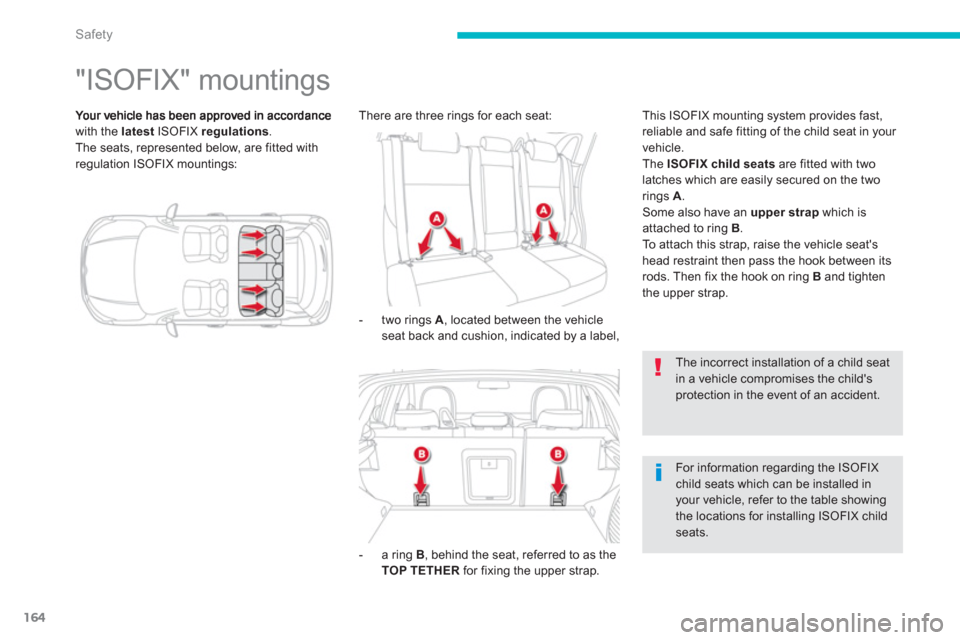 Citroen C4 AIRCROSS 2012 1.G Owners Manual 164
Safety
   
 
 
 
 
 
 
 
 
 
 
 
 
"ISOFIX" mountings 
with the  latest 
 ISOFIX  regulations.The seats, represented below, are fitted with
regulation ISOFIX mountings:
   
 
-  two rings 
A, loca