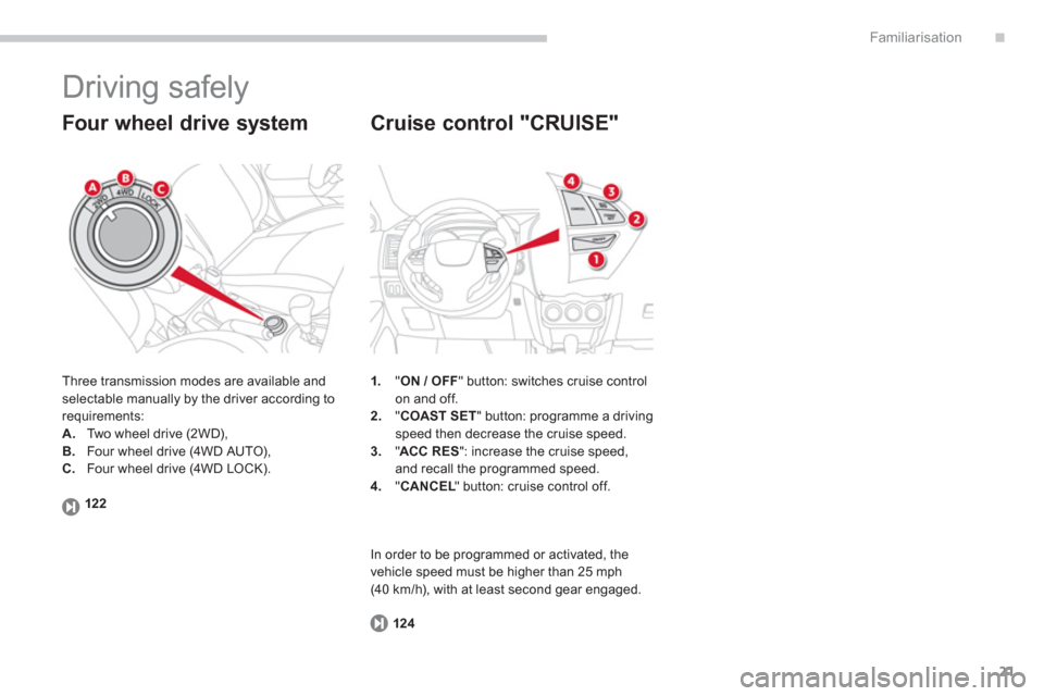Citroen C4 AIRCROSS 2012 1.G Owners Manual .
21
Familiarisation
  Driving safely 
 
Three transmission modes are available and selectable manually by the driver according to
requirements: 
A
.Two wheel drive (2WD),B.Four wheel drive (4WD AUTO)