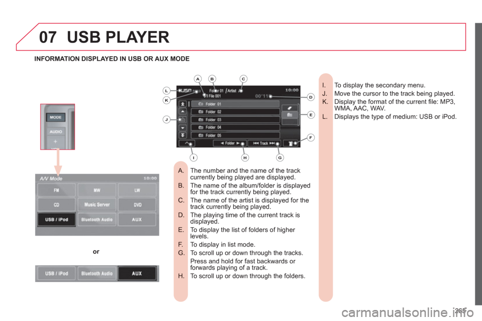 Citroen C4 AIRCROSS 2012 1.G Owners Manual 265
07USB PLAYER 
The number and the name of the track   
 
 
A.  currently being played are displayed.
The name of the album/folder is displayedB.  for the track currently being played.
The name of t