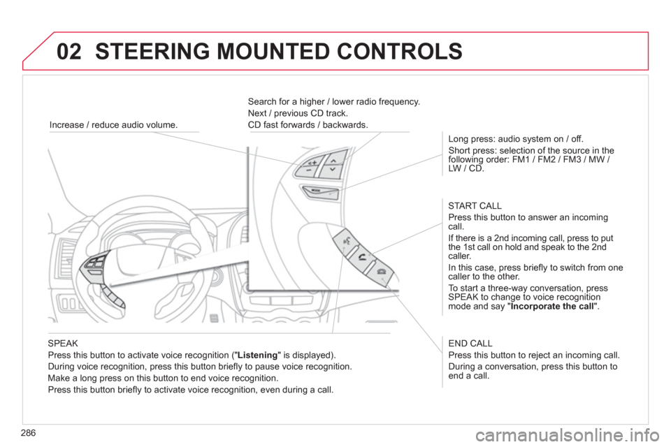 Citroen C4 AIRCROSS 2012 1.G Repair Manual 286
02 STEERING MOUNTED CONTROLS
SPEAK
Press this button to activate voice reco
gnition (" Listening
" is displayed).
Durin
g voice recognition, press this button briefl y to pause voice re Citroen C4 AIRCROSS 2012 1.G Repair Manual 286
02 STEERING MOUNTED CONTROLS
SPEAK
Press this button to activate voice reco
gnition (" Listening
" is displayed).
Durin
g voice recognition, press this button briefl y to pause voice re