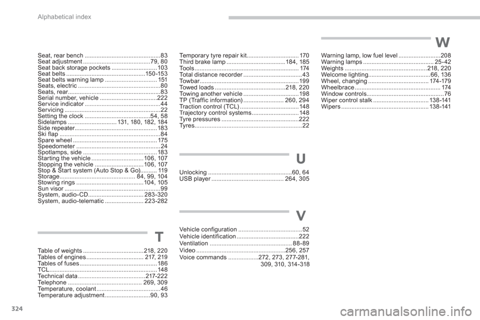 Citroen C4 AIRCROSS 2012 1.G Owners Manual 324Alphabetical index
Seat, rear bench .............................................83Seat adjustment........................................79,80Seat back storage pockets...........................10