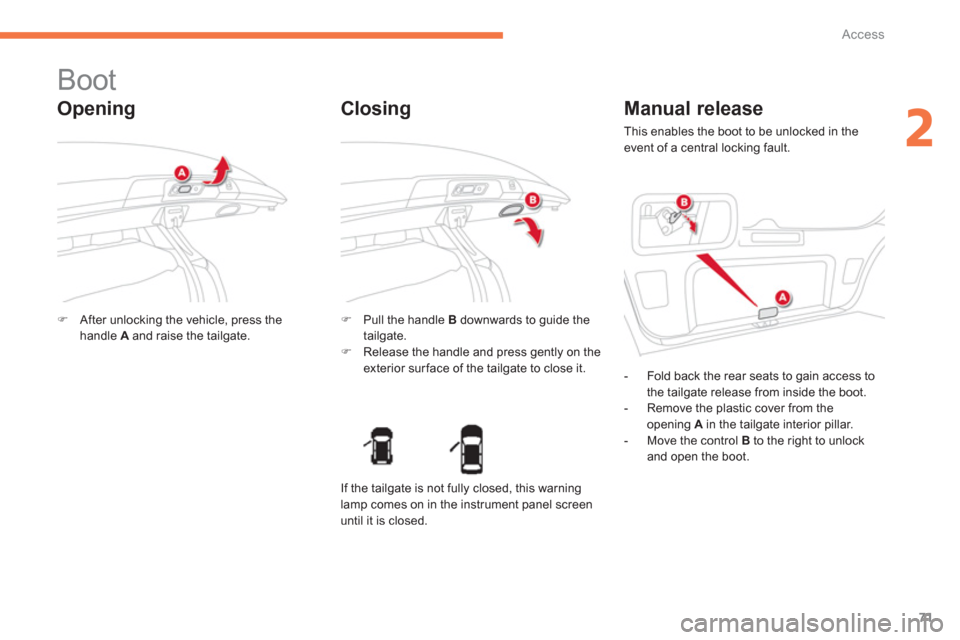 Citroen C4 AIRCROSS 2012 1.G Owners Manual 71
2
Access
   
 
 
 
 
 
 
 
 
 
 
Boot 
 
 
Opening 
�)After unlocking the vehicle, press the handle  Aand raise the tailgate.  
 �) 
 Pull the handle  Bdownwards to guide the
tailgate. �)   Release