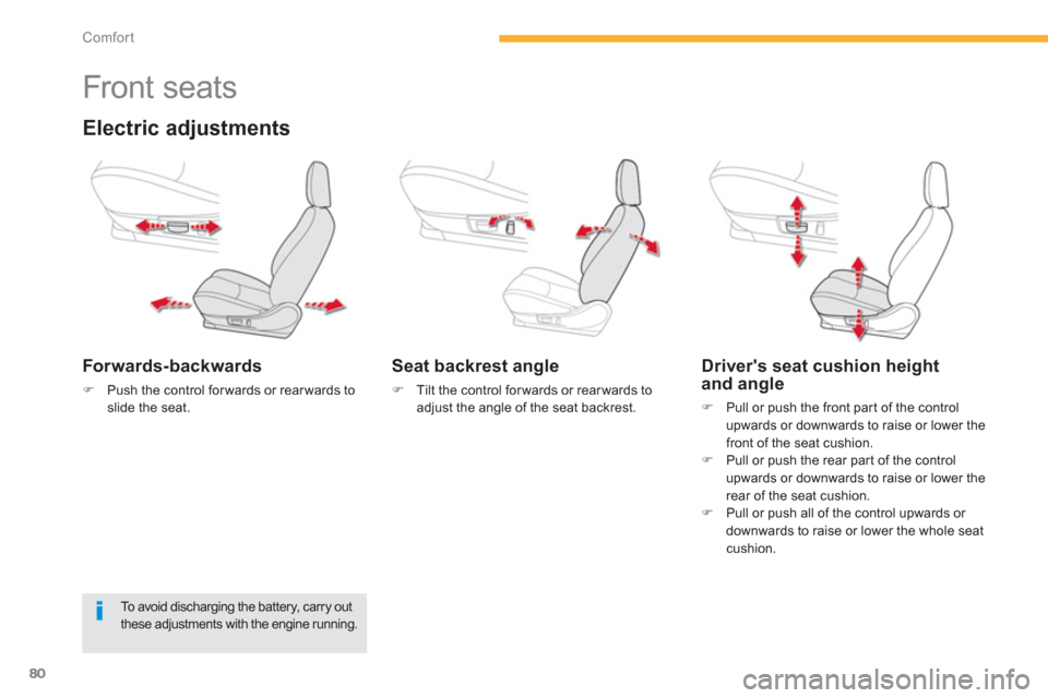 Citroen C4 AIRCROSS 2012 1.G Owners Guide 80
Comfort
   
 
 
 
 
 
 
 
 
 
 
Front seats 
Electric adjustments 
Forwards-backwards
�)Push the control forwards or rearwards toslide the seat.
 
 
Seat backrest angle
�) 
 Tilt the control forwar