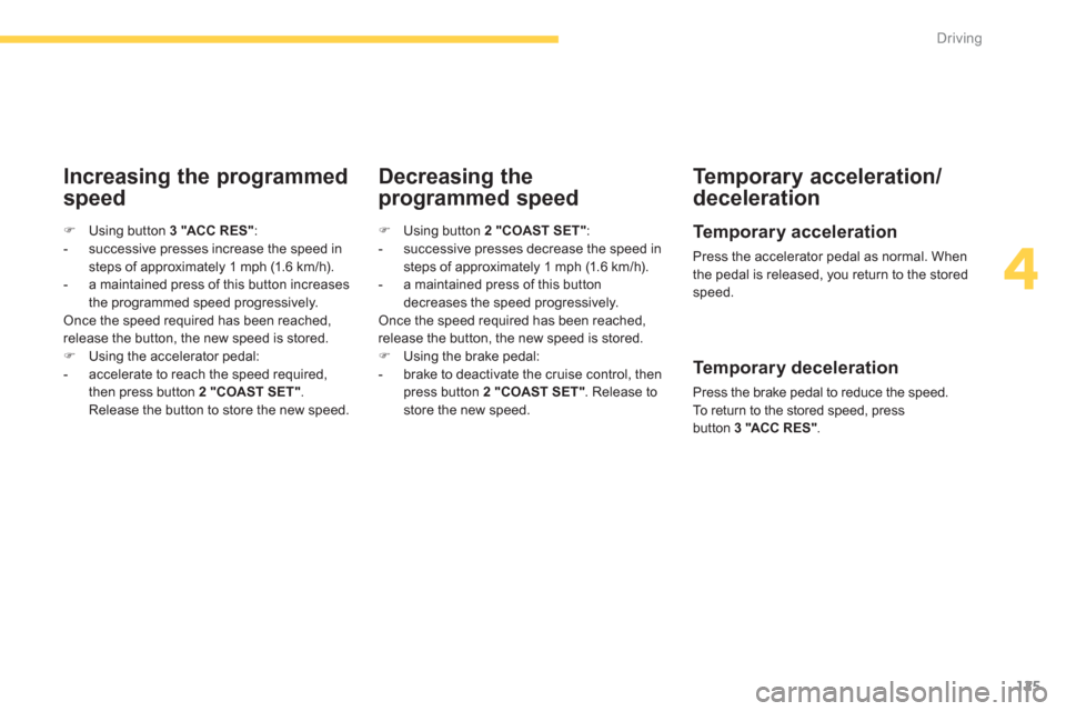 Citroen C4 AIRCROSS RHD 2012 1.G Owners Manual 125
4
Driving
   Increasing the programmed
speed
Decreasing the
pro
grammed speed   
Te m p o r a r
y acceleration/
deceleration
 
 
Te m p o r a ry acceleration 
 
Press the accelerator pedal as norm
