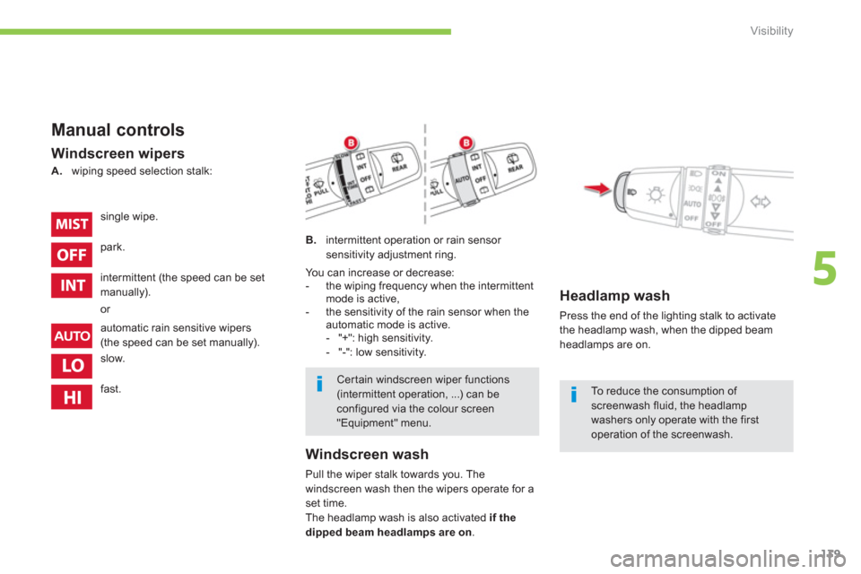 Citroen C4 AIRCROSS RHD 2012 1.G Owners Manual 139
5
Visibility
 Certain windscreen wiper functions(intermittent operation, ...) can beconfigured via the colour screen"Equipment" menu.
   
Manual controls
 
 
Windscreen wipers
B. 
intermittent ope