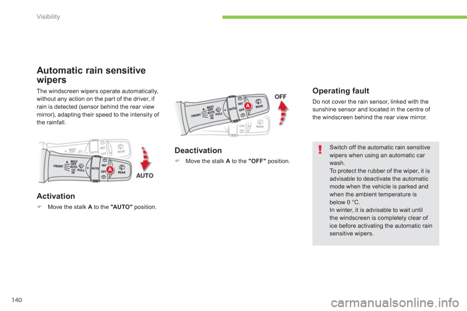 Citroen C4 AIRCROSS RHD 2012 1.G Owners Manual 140
Visibility
Automatic rain sensitive
wipers 
The windscreen wipers operate automatically,
without any action on the par t of the driver, if rain is detected (sensor behind the rear view mirror), ad
