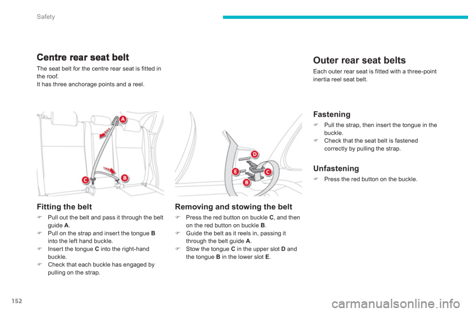 Citroen C4 AIRCROSS RHD 2012 1.G Owners Manual 152
Safety
The seat belt for the centre rear seat is fitted in 
the roof. 
It has three anchora
ge points and a reel.
Fitting the belt 
�)Pull out the belt and pass it through the beltguide A . �)Pull