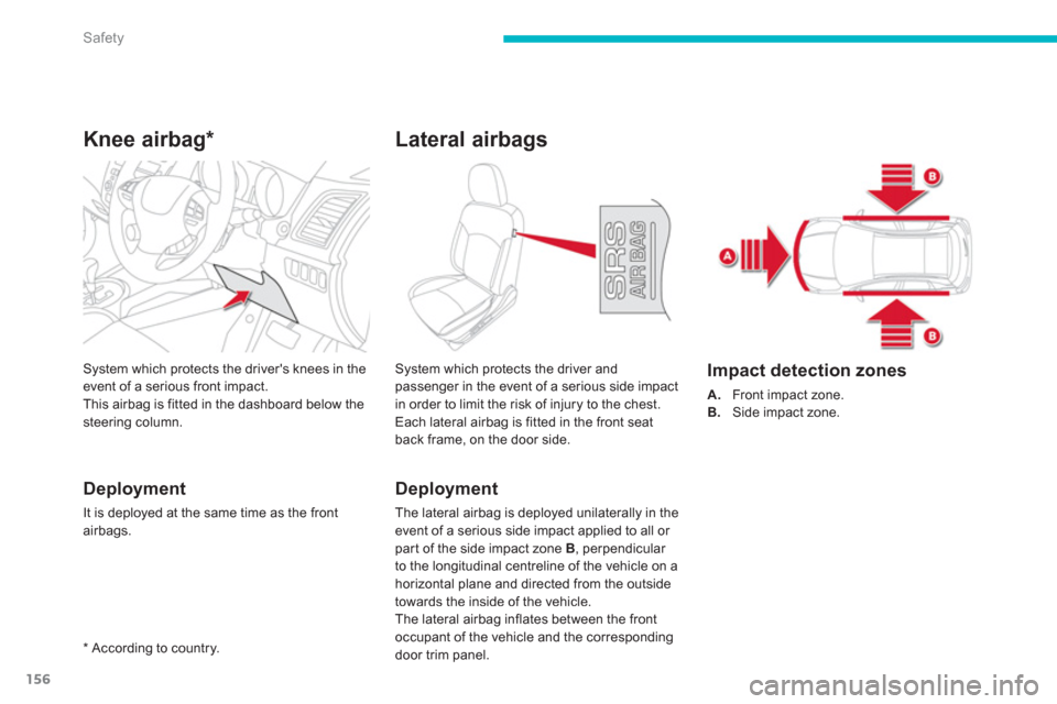 Citroen C4 AIRCROSS RHD 2012 1.G Owners Manual 156
Safety
Knee airbag *
Deployment
It is deployed at the same time as the front airbags.
System which protects the drivers knees in theevent of a serious front impact.
This airbag is fitted in the d