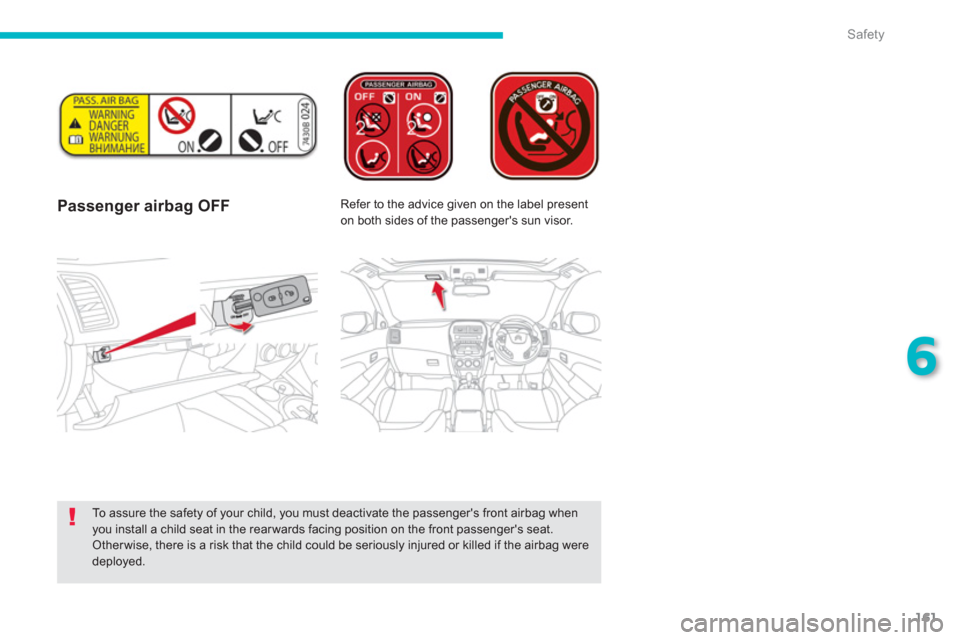 Citroen C4 AIRCROSS RHD 2012 1.G Owners Manual 161
6
Safety
   
 
Passenger airbag OFF  Refer to the advice given on the label present 
on both sides of the passengers sun visor.  
 
 
To assure the safety of your child, you must deactivate the p