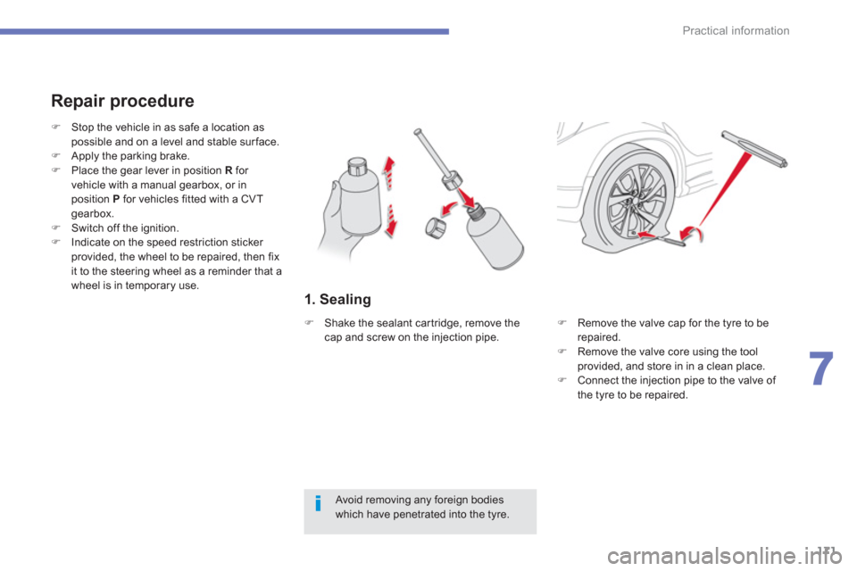 Citroen C4 AIRCROSS RHD 2012 1.G Owners Manual 171
7
Practical information
1. Sealing 
   
Repair procedure 
 
 
Avoid removing any foreign bodies which have penetrated into the tyre.  
�)Stop the vehicle in as safe a location as 
possible and on 