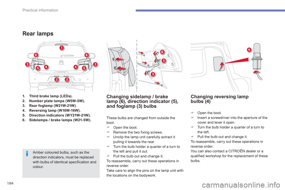 Citroen C4 AIRCROSS RHD 2012 1.G Owners Manual 184
Practical information
1.Third brake lamp (LEDs).2.Number plate lamps (W5W-5W).3.Rear foglamp (W21W-21W).4.Reversing lamp (W16W-16W).5.Direction indicators (W Y21W-21W).6.Sidelamps / brake lamps (W