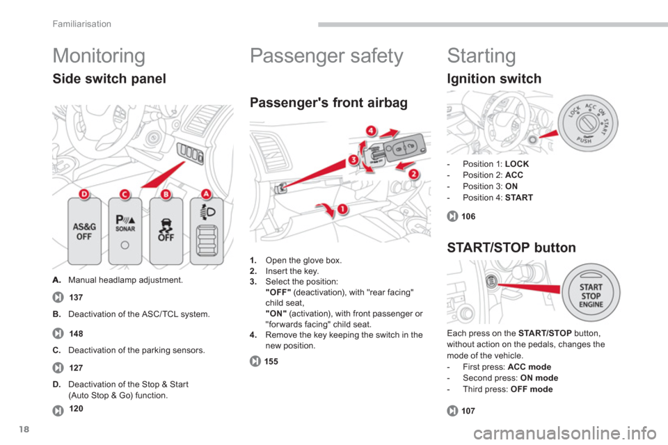 Citroen C4 AIRCROSS RHD 2012 1.G User Guide 18
Familiarisation
  Monitoring 
 
 Manual headlamp adjustment.  
Side switch panel
137
1.Open the glove box.
2.    Inser t the key.3. 
 Select the position:"OFF"(deactivation), with "rear facing"chil