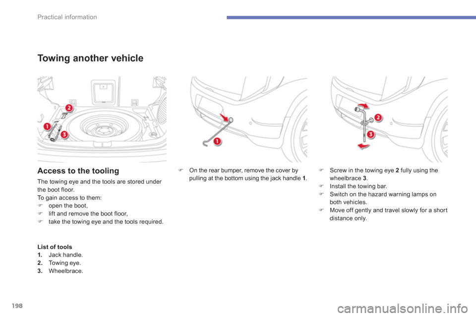 Citroen C4 AIRCROSS RHD 2012 1.G Owners Manual 198
Practical information
�)   On the rear bumper, remove the cover by 
pulling at the bottom using the jack handle 1  . �)Screw in the towing eye 2fully using the 
wheelbrace 3.�)Install the towing b