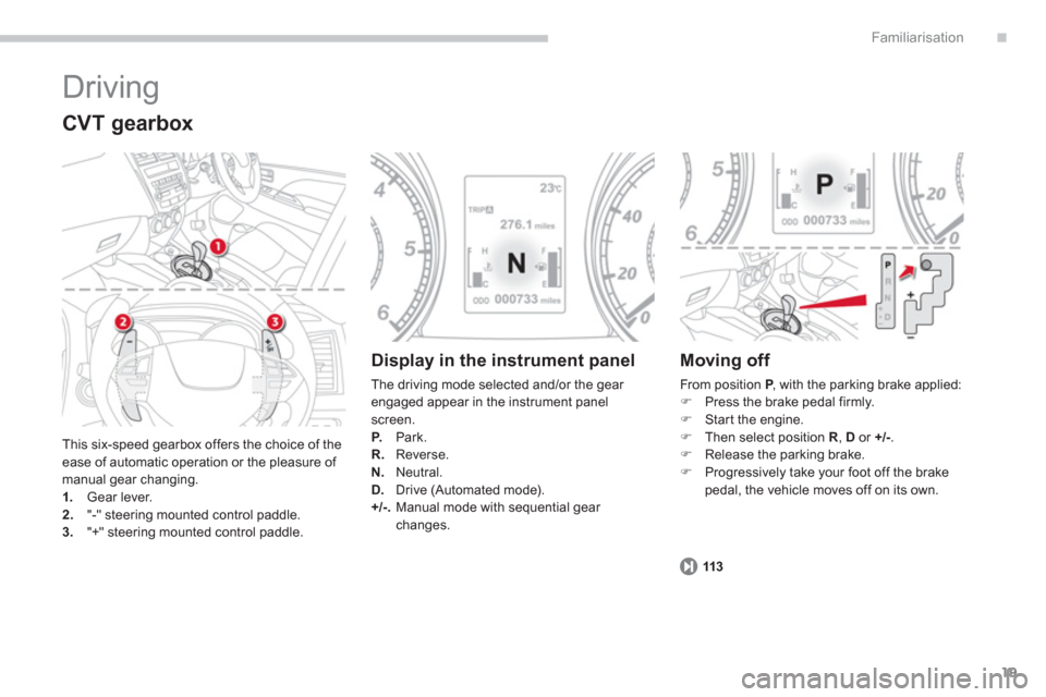 Citroen C4 AIRCROSS RHD 2012 1.G Owners Manual .
19
Familiarisation
  Driving 
 
This six-speed gearbox offers the choice of the ease of automatic operation or the pleasure of manual gear changing.1. 
 Gear lever. 2."-" steering mounted control pa