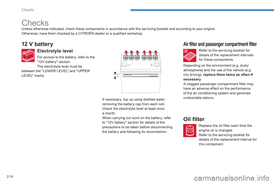 Citroen C4 AIRCROSS RHD 2012 1.G Owners Manual 214
Checks
   
 
 
 
 
 
Checks  
12 V battery
 
 
Electrolyte level
 
For access to the battery, refer to the"12V bat tery" section.
 The electrolyte level must bebetween the "LOWER LEVEL" and "UPPER