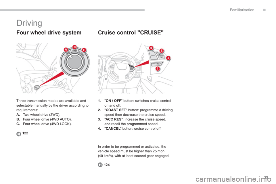 Citroen C4 AIRCROSS RHD 2012 1.G Owners Guide .
21
Familiarisation
  Driving 
 
Three transmission modes are available and selectable manually by the driver according to
requirements: 
A
.Two wheel drive (2WD),B.Four wheel drive (4WD AUTO),
C.Fou