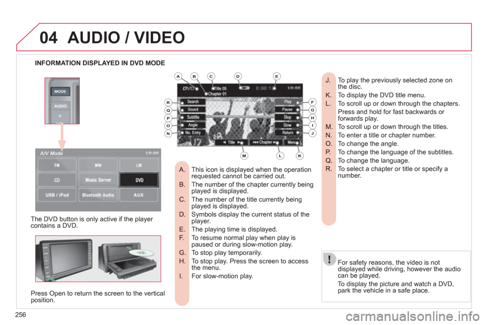 Citroen C4 AIRCROSS RHD 2012 1.G Owners Manual 256
04
INFORMATION DISPLAYED IN DVD MODE  
AUDIO / VIDEO
 
 
The DVD button is only active if the player contains a DVD.
Press 
Open to return the screen to the vertical position.   
For safet
y reaso