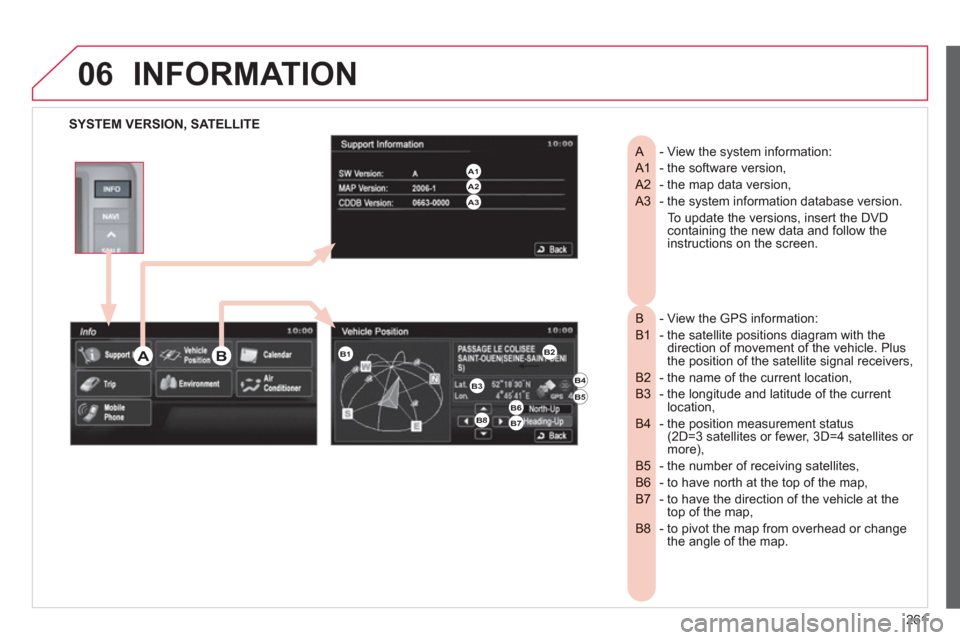Citroen C4 AIRCROSS RHD 2012 1.G Owners Manual 261
06INFORMATION 
SYSTEM VERSION, SATELLITE
- View the system information:    
A  
- the software version,   A1 
- the map data version,   A2 
- the system information database version.  A3 
  To upd