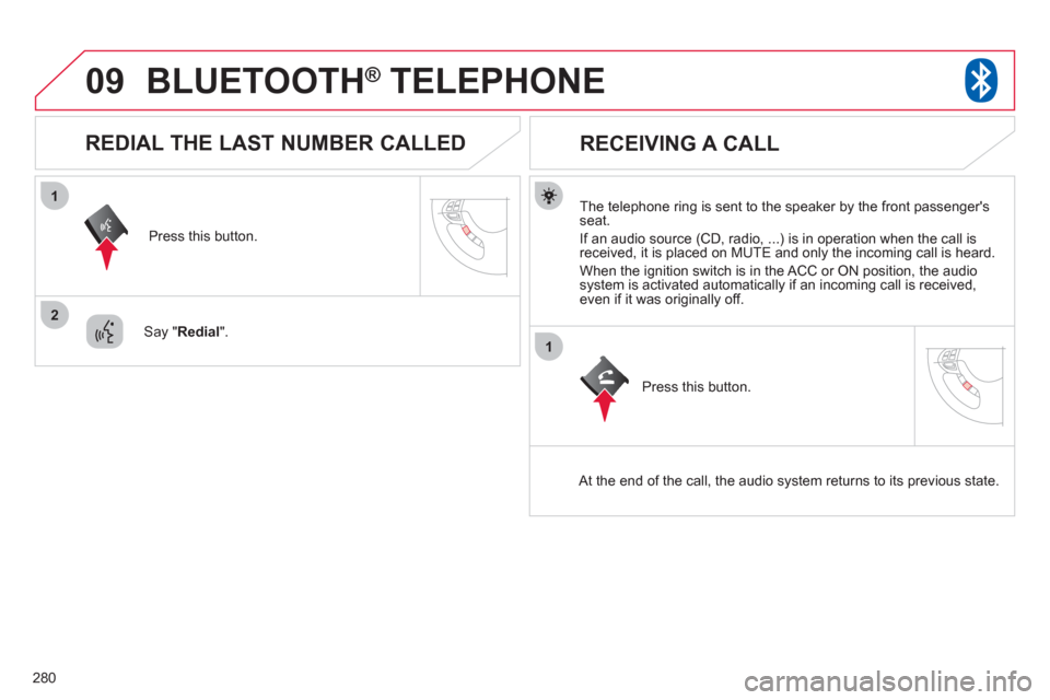 Citroen C4 AIRCROSS RHD 2012 1.G Owners Manual 280
09
1
2
1
BLUETOOTH® TELEPHONE®
The telephone ring is sent to the speaker by the front passengersseat.
I
f an audio source (CD, radio, ...) is in operation when the call isreceived, it i Citroen C4 AIRCROSS RHD 2012 1.G Owners Manual 280
09
1
2
1
BLUETOOTH® TELEPHONE®
The telephone ring is sent to the speaker by the front passengersseat.
I
f an audio source (CD, radio, ...) is in operation when the call isreceived, it i