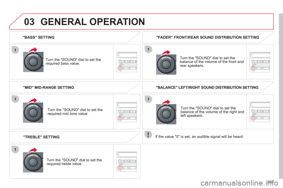 Citroen C4 AIRCROSS RHD 2012 1.G Owners Manual 289
1
03
1
1
1
1
"BASS" SETTING
   
T
urn the "SOUND" dial to set the required bass value.  
GENERAL OPERATION 
 
 
Turn the "SOUND" dial to set the required mid tone value.  
   
"TREBLE" SETTING  "F