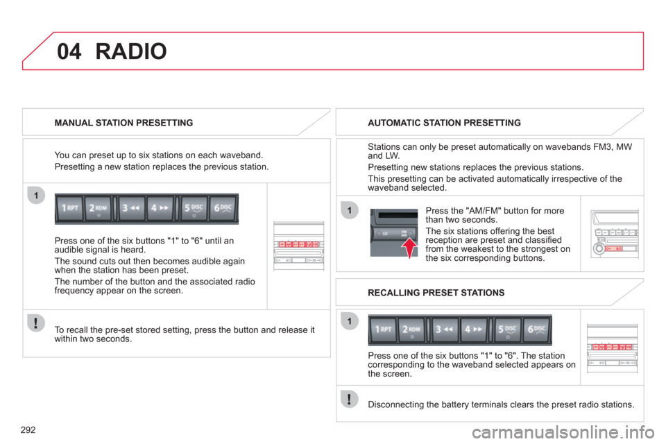 Citroen C4 AIRCROSS RHD 2012 1.G Owners Manual 292
1
04
1
1
Press one of the six buttons "1" to "6" until anaudible signal is heard.
The sound cuts out then becomes audible again
when the station has been preset.
Th
e number of the button and the 