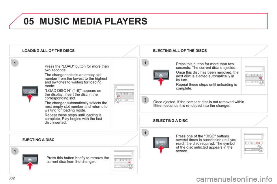 Citroen C4 AIRCROSS RHD 2012 1.G Owners Manual 302
05
1
1
1
MUSIC MEDIA PLAYERS 
LOADING ALL OF THE DISCS  
   
Pr
ess the "LOAD" button for more than
two seconds.
  The chan
ger selects an empty slot number from the lowest to the highest
and swit