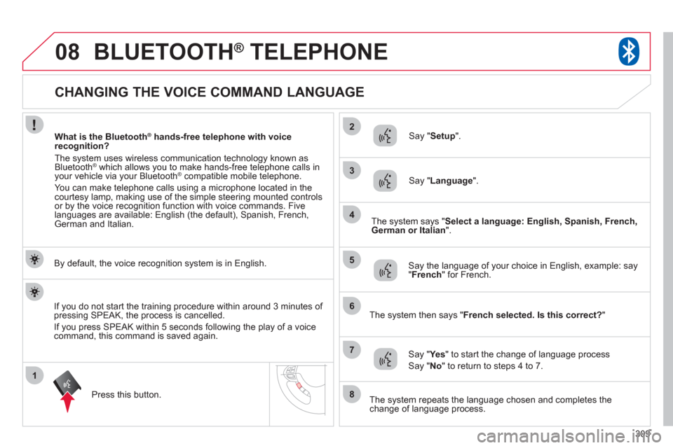 Citroen C4 AIRCROSS RHD 2012 1.G Owners Manual 309
1
2
3
08
4
5
6
7
8
   
 
 
 
 
 
 
 
 
 
 
 
 
 
 
 
 
 
CHANGING THE VOICE COMMAND LANGUAGE 
BLUETOOTH® 
 TELEPHONE®
 
 
By default, the voice recognition system is in English.  
Pr
ess this bu