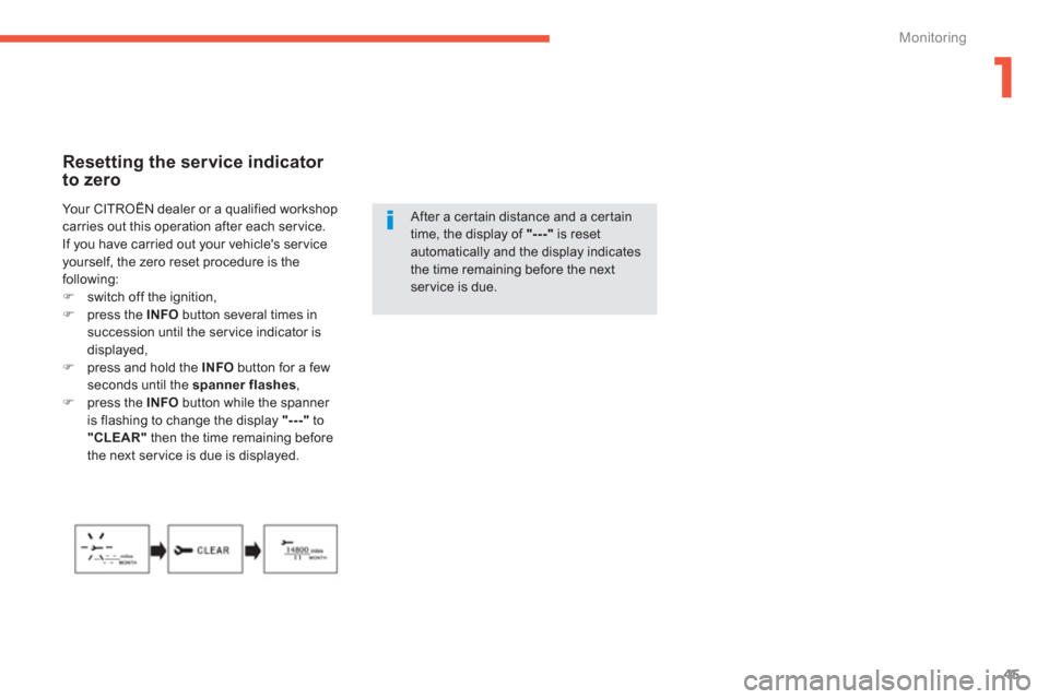 Citroen C4 AIRCROSS RHD 2012 1.G Owners Manual 1
45
Monitoring
   
Resetting the service indicator to zero 
 
 
After a certain distance and a certain time, the display of "---" 
 is reset automatically and the display indicatesthe time remaining 