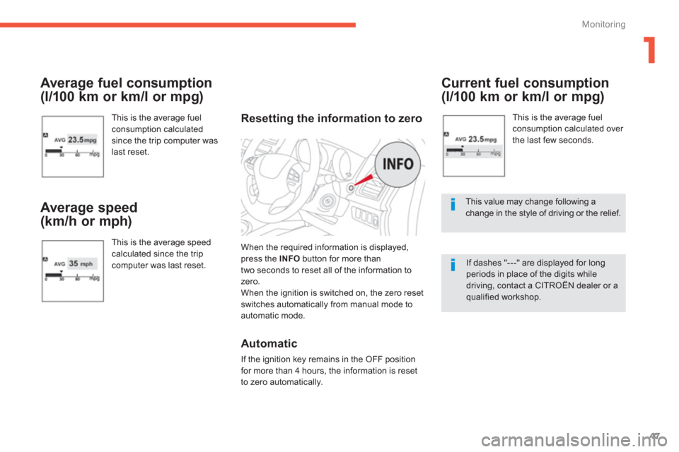 Citroen C4 AIRCROSS RHD 2012 1.G Service Manual 1
47
Monitoring
   
Average fuel consumption
(l/100 km or km/l or mpg)
 
This is the average fuel consumption calculatedsince the trip computer was 
last reset.  
 
 Average speed 
(km/h or mph)
 
Thi
