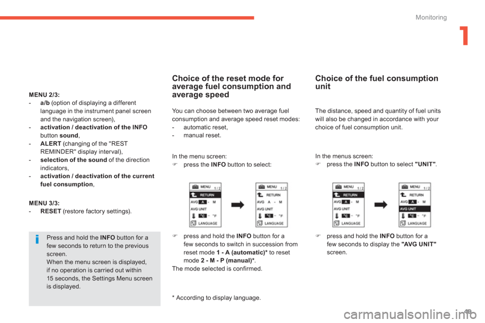 Citroen C4 AIRCROSS RHD 2012 1.G Owners Manual 1
49
Monitoring
MENU2/3:-a/b   (option of displaying a different language in the instrument panel screen
and the navigation screen),
   - 
  activation / deactivation of the INFObutton  sound 
, 
   
