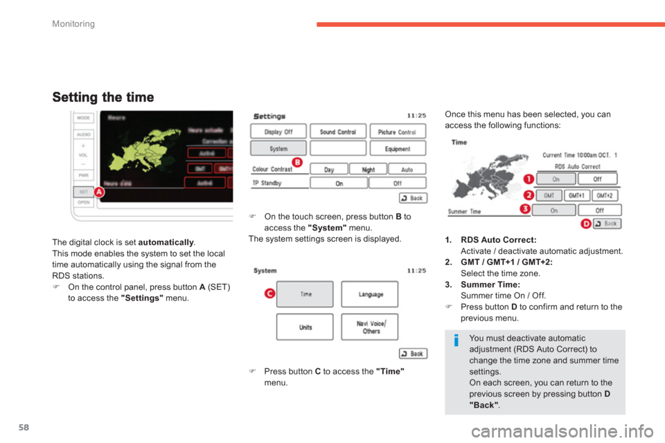 Citroen C4 AIRCROSS RHD 2012 1.G Owners Manual 58
Monitoring
The digital clock is set  automatically.yThis mode enables the system to set the local 
time automatically using the signal from theRDS stations. �)On the control panel, press button  A(