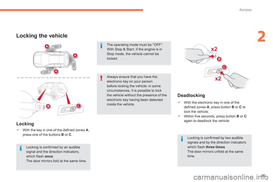 Citroen C4 AIRCROSS RHD 2012 1.G Owners Manual 65
2
Access
Locking the vehicle
   
Locking 
�)With the key in one of the defined zones  A , press one of the buttons Bor C.
Deadlocking 
 
�) 
  With the electronic key in one of the defined zones A 