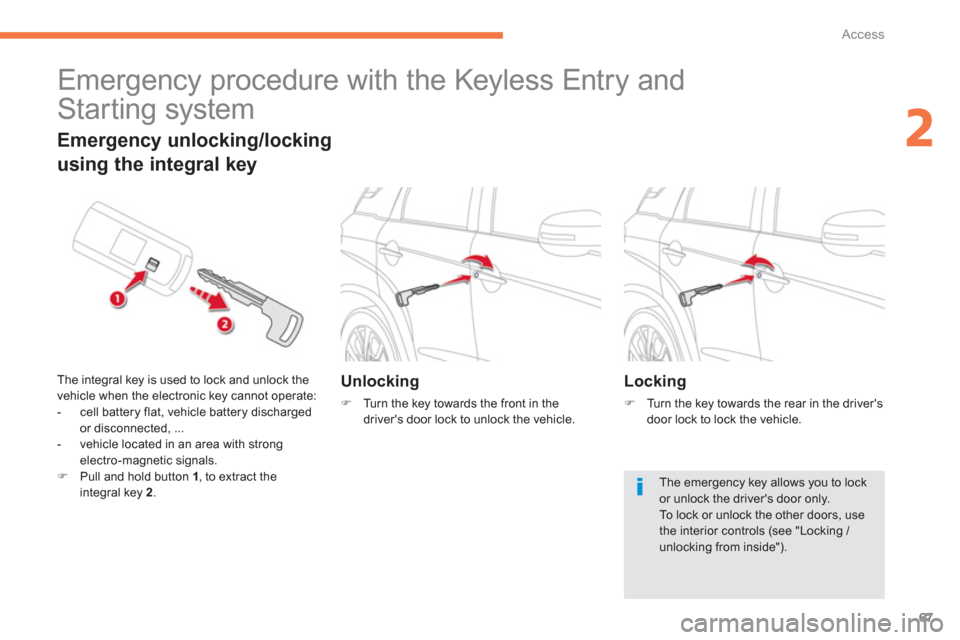 Citroen C4 AIRCROSS RHD 2012 1.G Repair Manual 67
2
Access
   
 
 
 
 
Emergency procedure with the Keyless Entry and 
Starting system 
Unlocking
�)    Turn the key towards the front in thedrivers door lock to unlock the vehicle.  
 
 
 
Emergenc